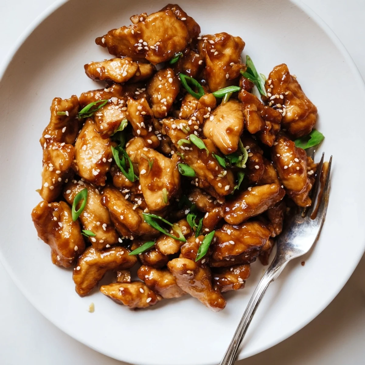 Crispy coated Mongolian chicken tossed in rich caramelized Asian sauce with sliced scallions and optional sesame seed topping