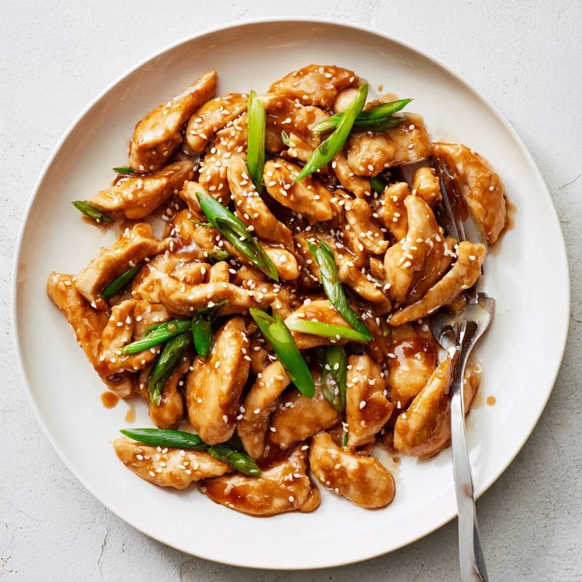 Tender stir-fried Mongolian chicken swimming in glossy brown hoisin sauce served over steamed white rice with sesame seed garnish