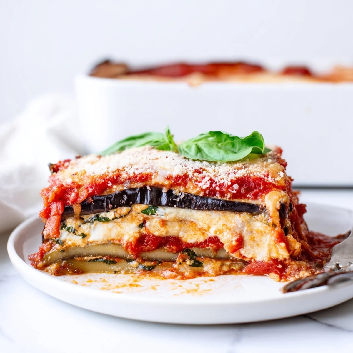 Serving of Italian ricotta eggplant casserole garnished with fresh basil on a white plate