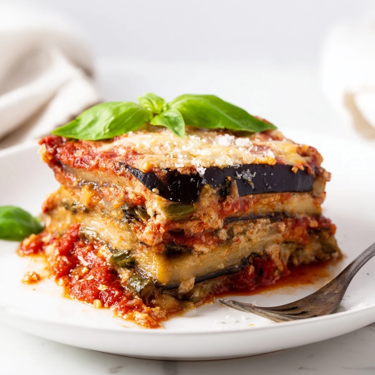 Golden bubbling ricotta eggplant casserole with layers of roasted eggplant and melted mozzarella cheese
