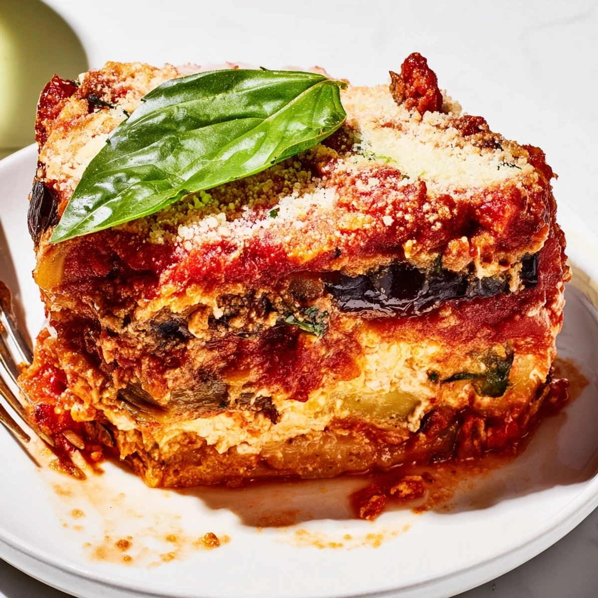 Homemade ricotta eggplant casserole baked in a dish with tomato sauce and cheesy topping