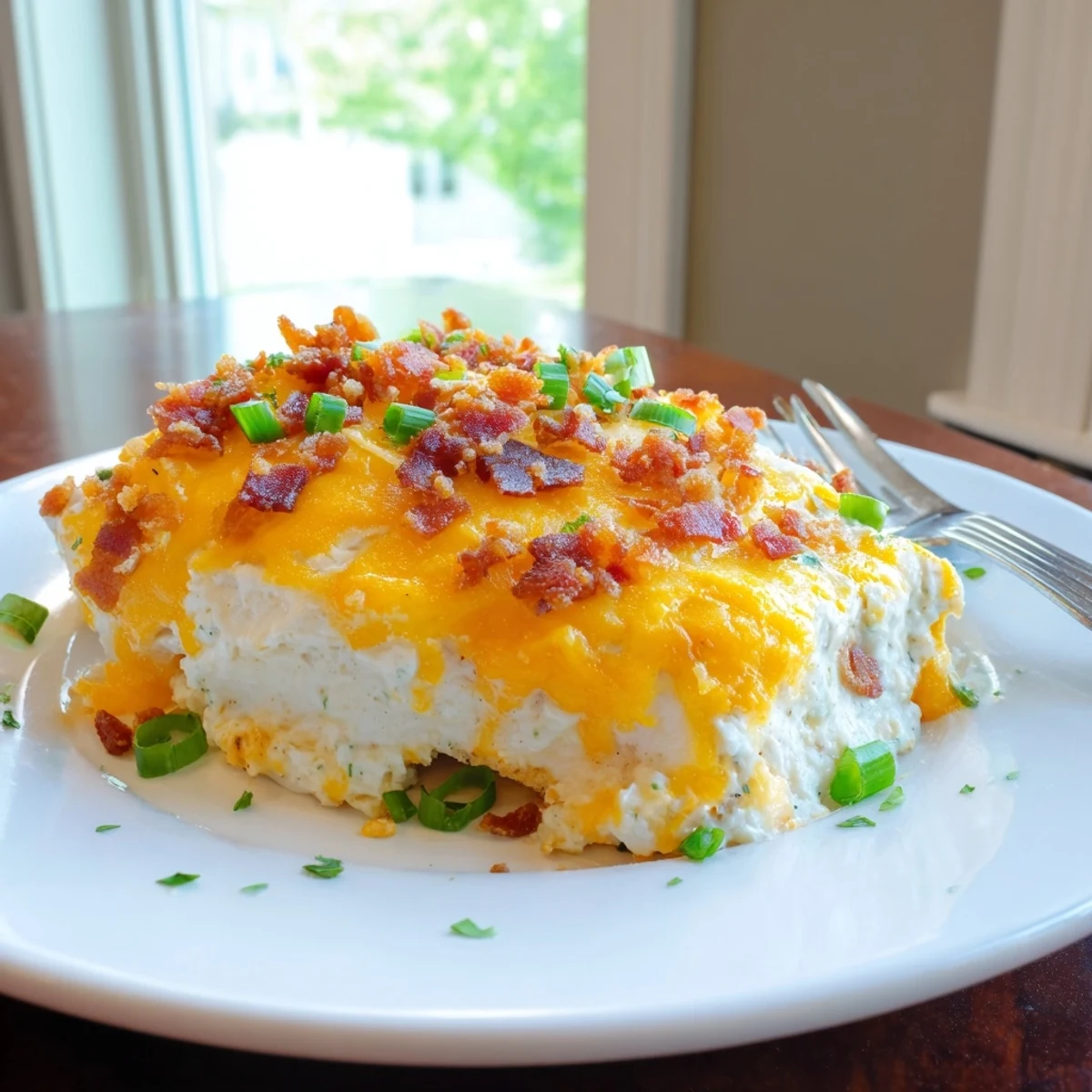 Golden baked crack chicken topped with crispy bacon and melted cheddar cheese on a white plate