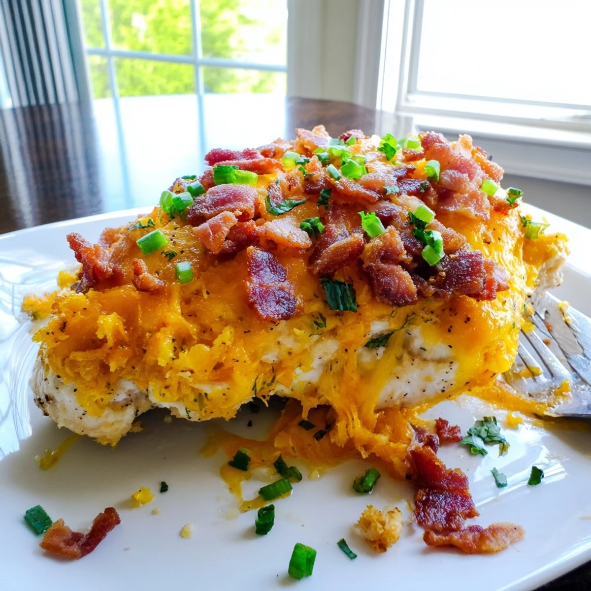 Creamy ranch seasoned baked chicken breast smothered in cheddar and crumbled bacon garnished with green onions