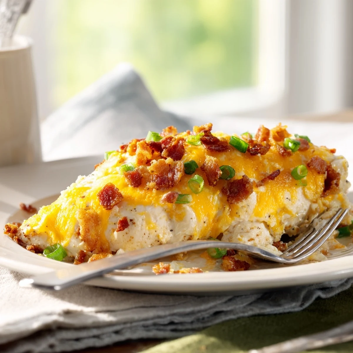 Oven baked crack chicken with bubbly cheese and bacon bits served fresh from the baking dish