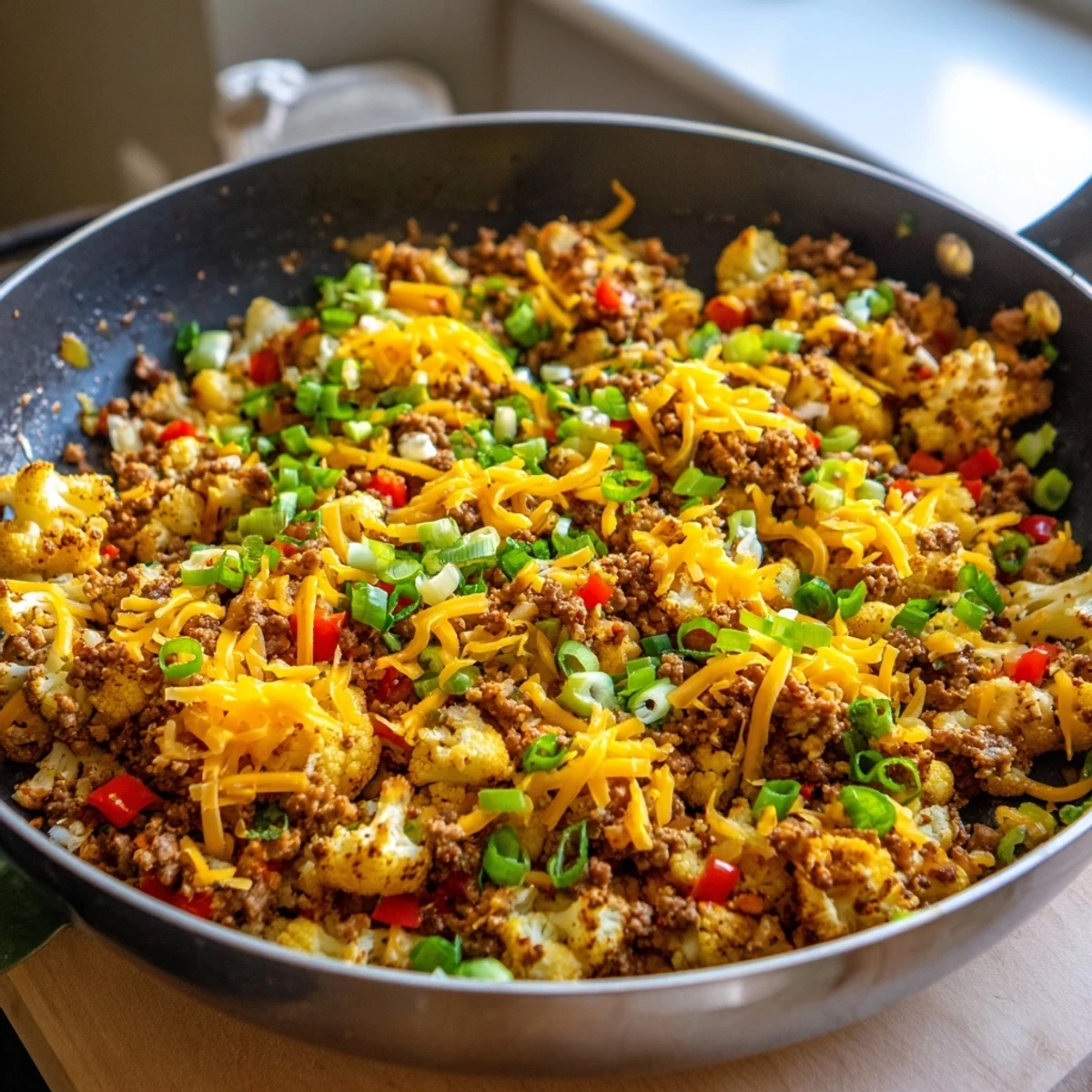 Low-carb cauliflower and ground beef hash served in a cast iron skillet with fresh parsley garnish