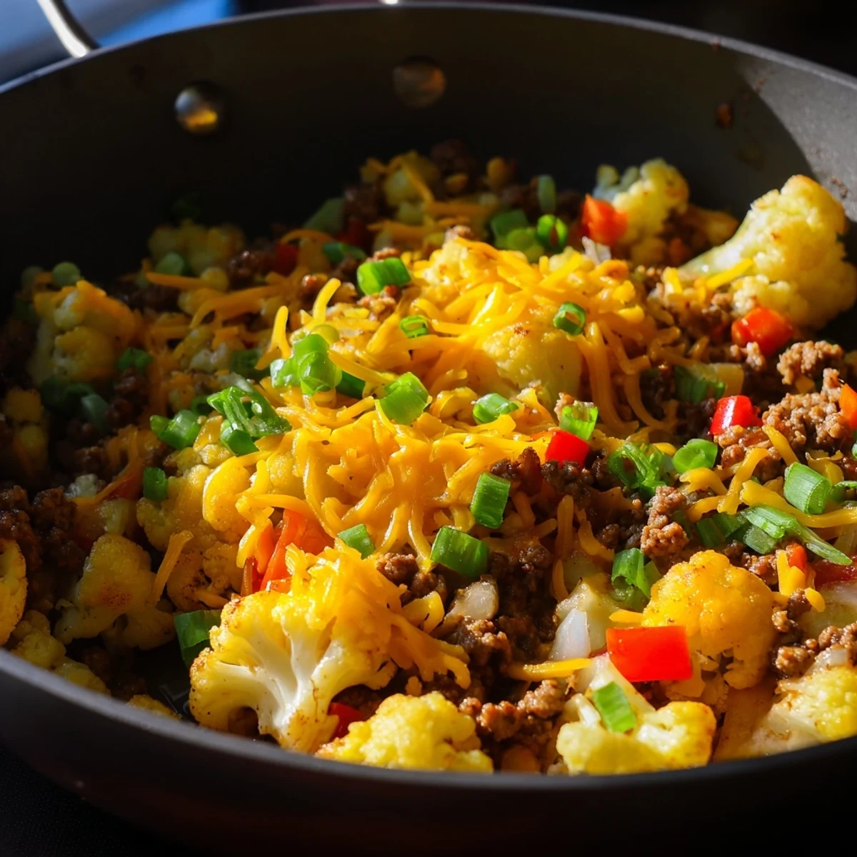 Golden skillet of cauliflower and ground beef hash with melted cheddar cheese topping