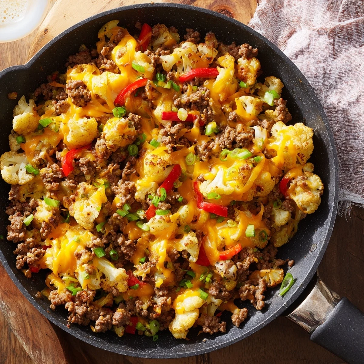 Hearty cauliflower and ground beef hash featuring colorful vegetables and savory spices in a pan