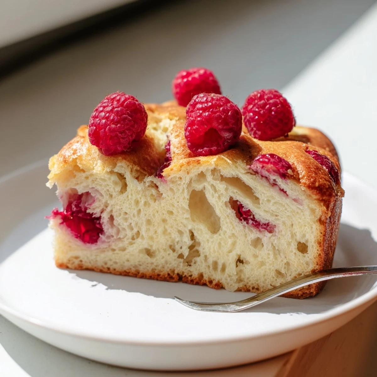 Golden raspberry cheesecake sourdough focaccia with creamy swirls and juicy red berries