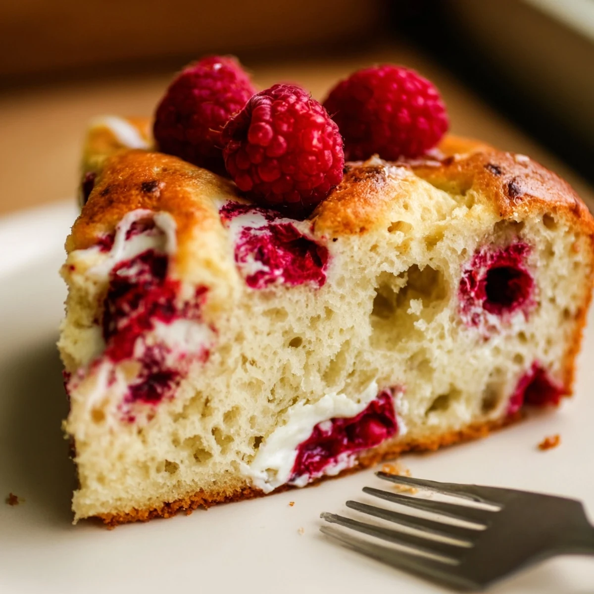 Airy sourdough focaccia topped with cream cheese swirls and fresh raspberries on a rustic wooden board