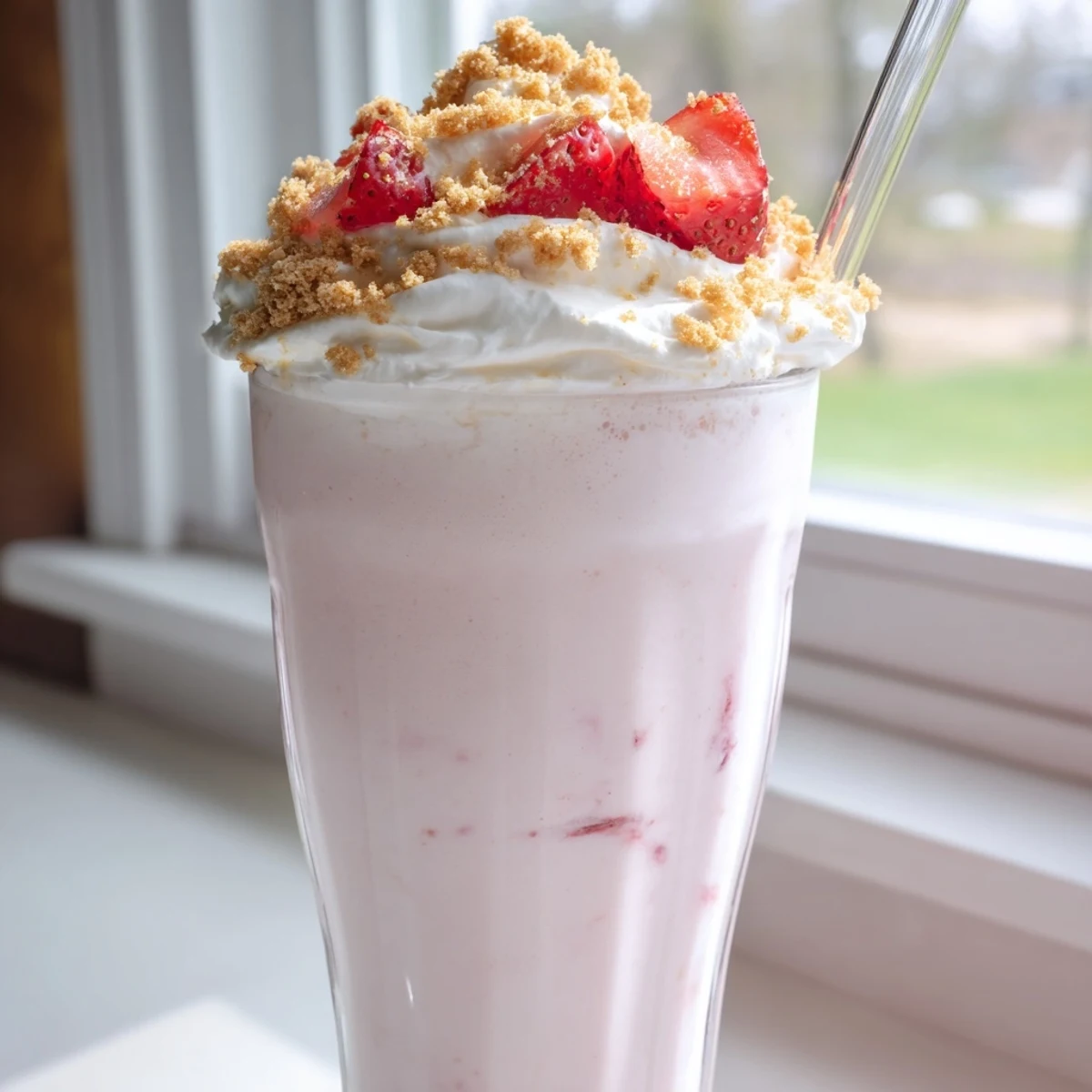 Tall glass of creamy strawberry cheesecake milkshake topped with whipped cream and fresh strawberry slices