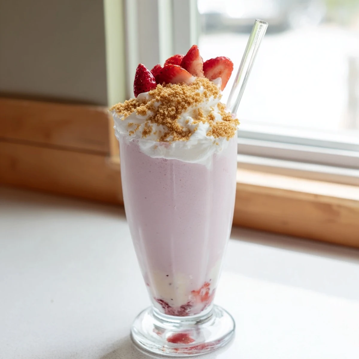 Rich pink strawberry cheesecake milkshake garnished with crushed graham crackers and drizzled with strawberry sauce