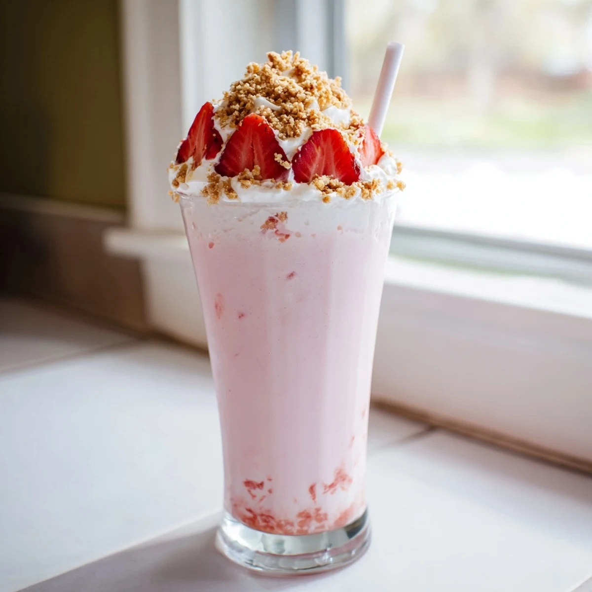 Thick indulgent strawberry cheesecake milkshake served in chilled glasses with whole strawberries on rim