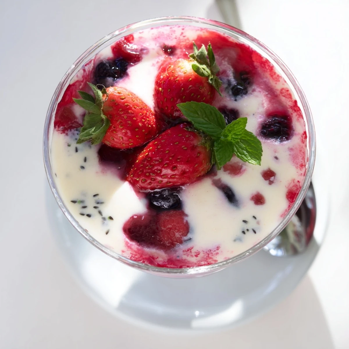 Clear glass serving dish revealing layers of vibrant berry jello topped with fluffy vanilla mousse dessert garnished with fresh mint