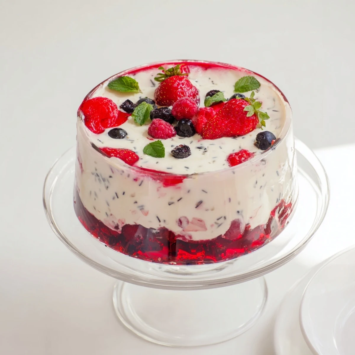 Elegant vanilla mousse berry jello layered dessert in clear glass showcasing ruby red fruit gelatin beneath creamy white topping
