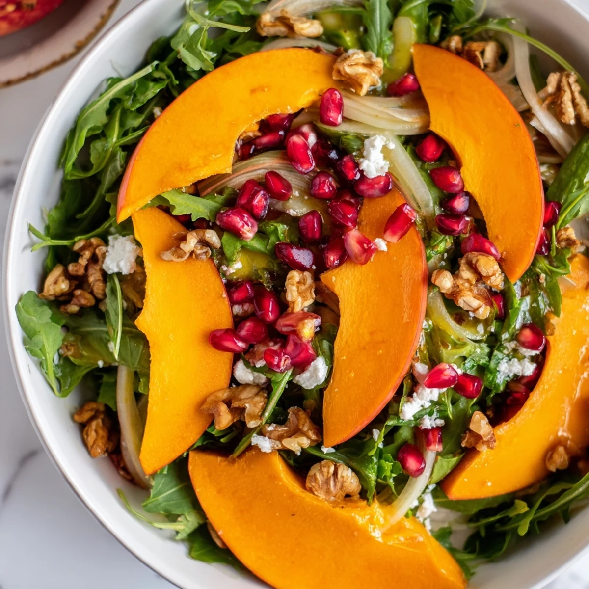 Fresh persimmon salad with apple cider vinaigrette featuring vibrant orange slices, peppery greens, and crumbled goat cheese