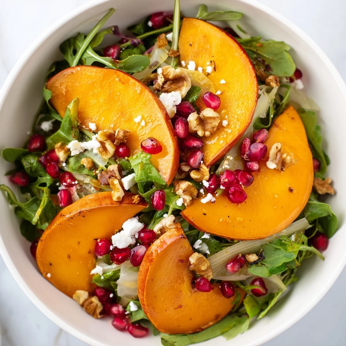 Colorful bowl of persimmon salad with apple cider vinaigrette topped with pomegranate seeds, walnuts, and fennel on white background