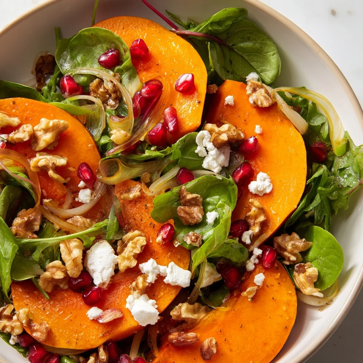 Glowing persimmon salad with apple cider vinaigrette arranged on rustic wooden table with toasted walnuts and fresh greens