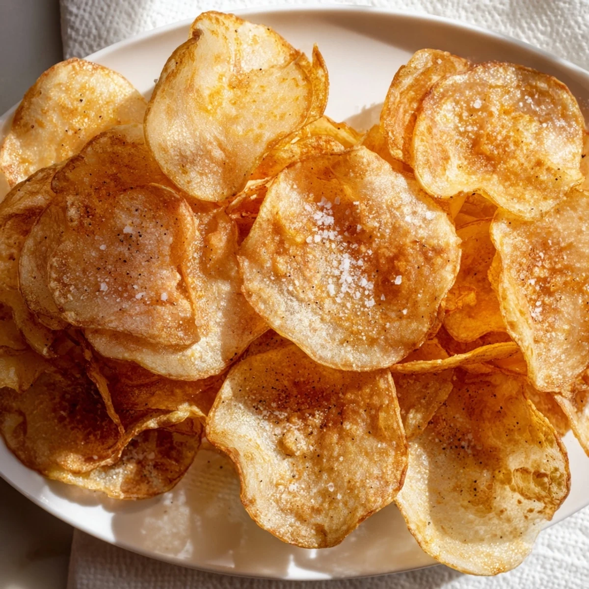 Golden crispy homemade potato chips piled high with a dusting of sea salt