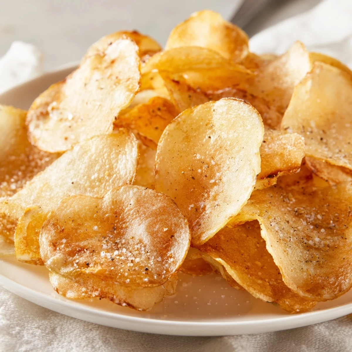 Thinly sliced potato rounds frying until golden brown and perfectly crunchy