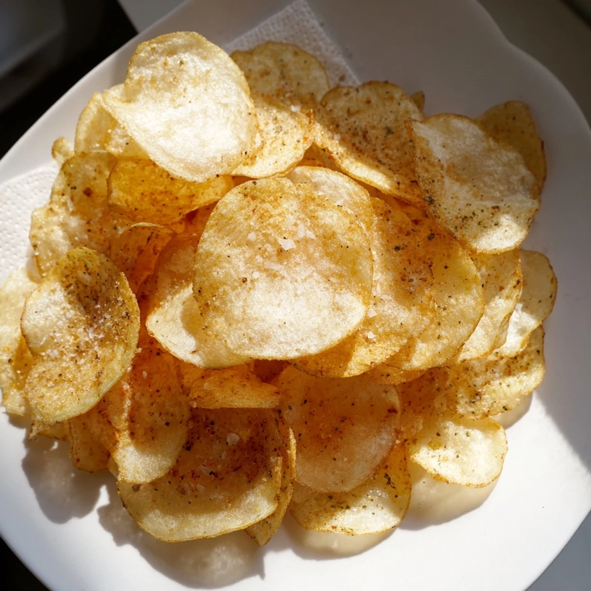 Bowl of golden crispy homemade potato chips seasoned with black pepper