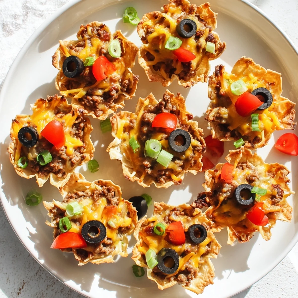 Golden Taco Ranch Bites topped with melted cheddar and fresh green onions in crispy shells