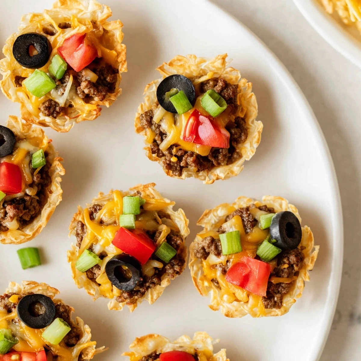 Baked appetizer featuring seasoned beef and creamy ranch filling in bite-sized cups with diced tomatoes
