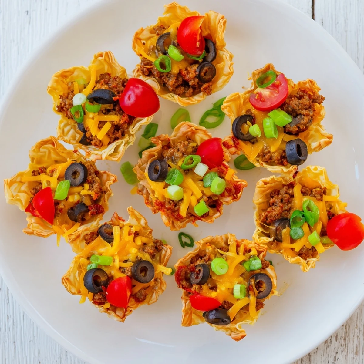 Crispy phyllo shells stuffed with taco-seasoned ground beef, ranch sauce, and bubbly cheese garnish