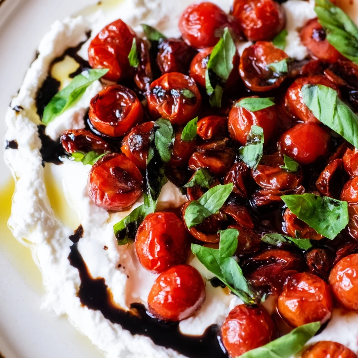 Golden roasted tomato burrata dip with melted cheese center and fresh basil garnish