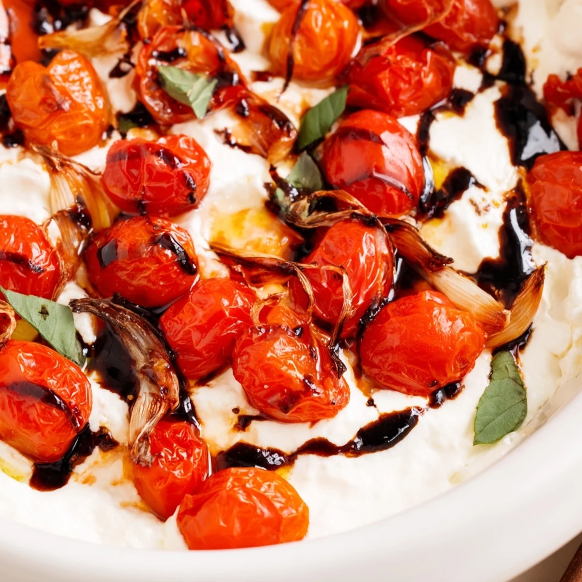 Warm Italian appetizer featuring blistered cherry tomatoes paired with creamy burrata and balsamic glaze