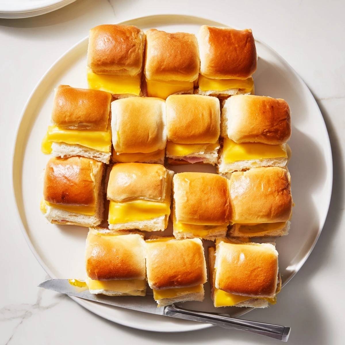 Golden brown mini grilled cheese Hawaiian rolls with melted cheddar on a parchment lined baking sheet