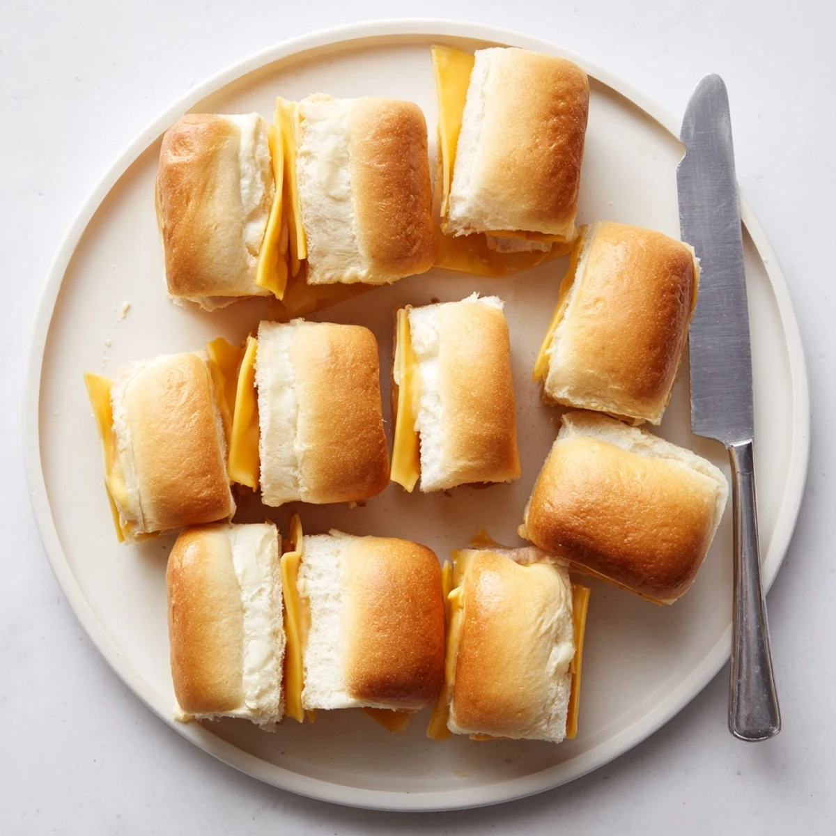 Batch of sweet Hawaiian roll grilled cheese sandwiches baked until golden with bubbly melted cheese inside