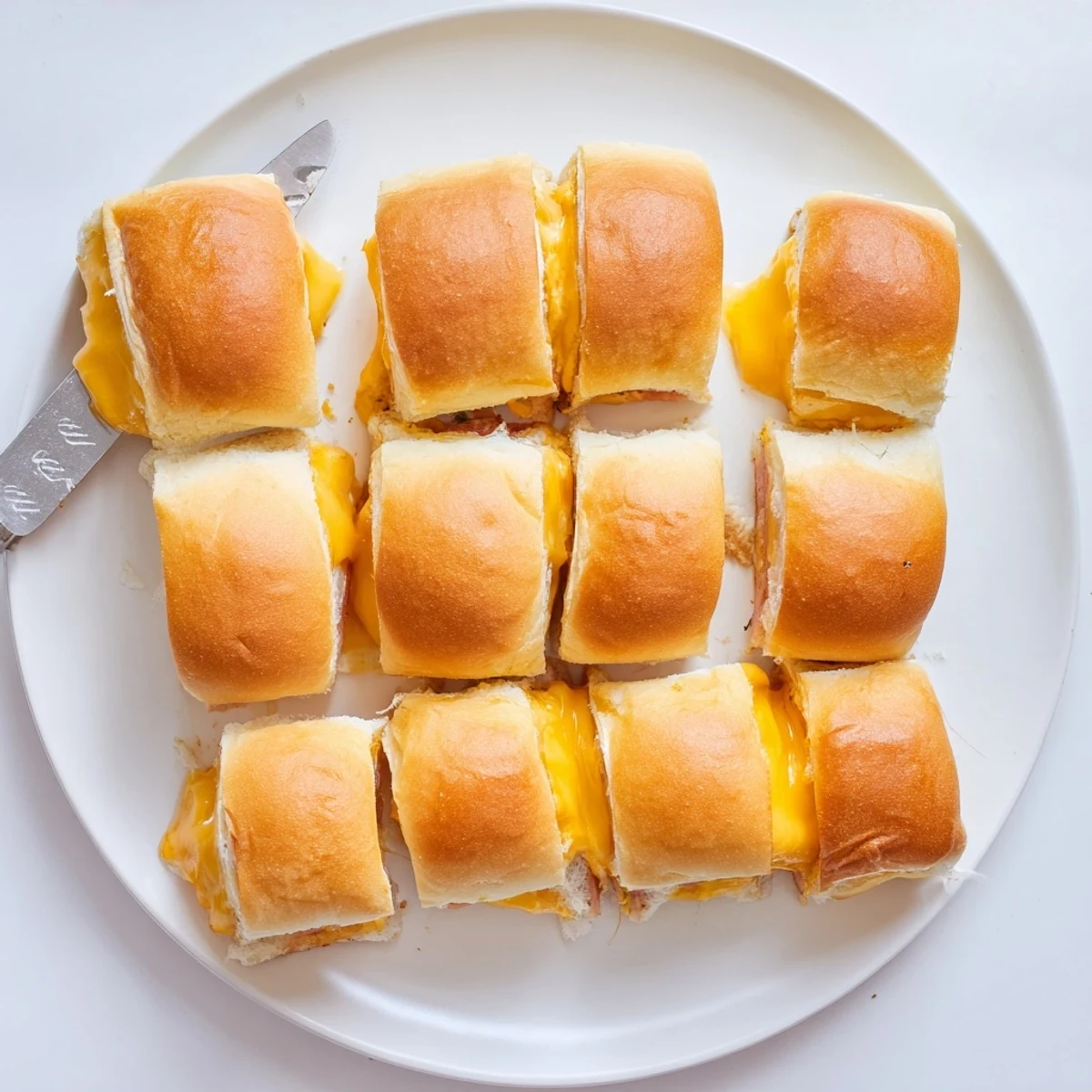 Platter of warm Hawaiian roll grilled cheese sliders with gooey cheese and buttery toasted tops