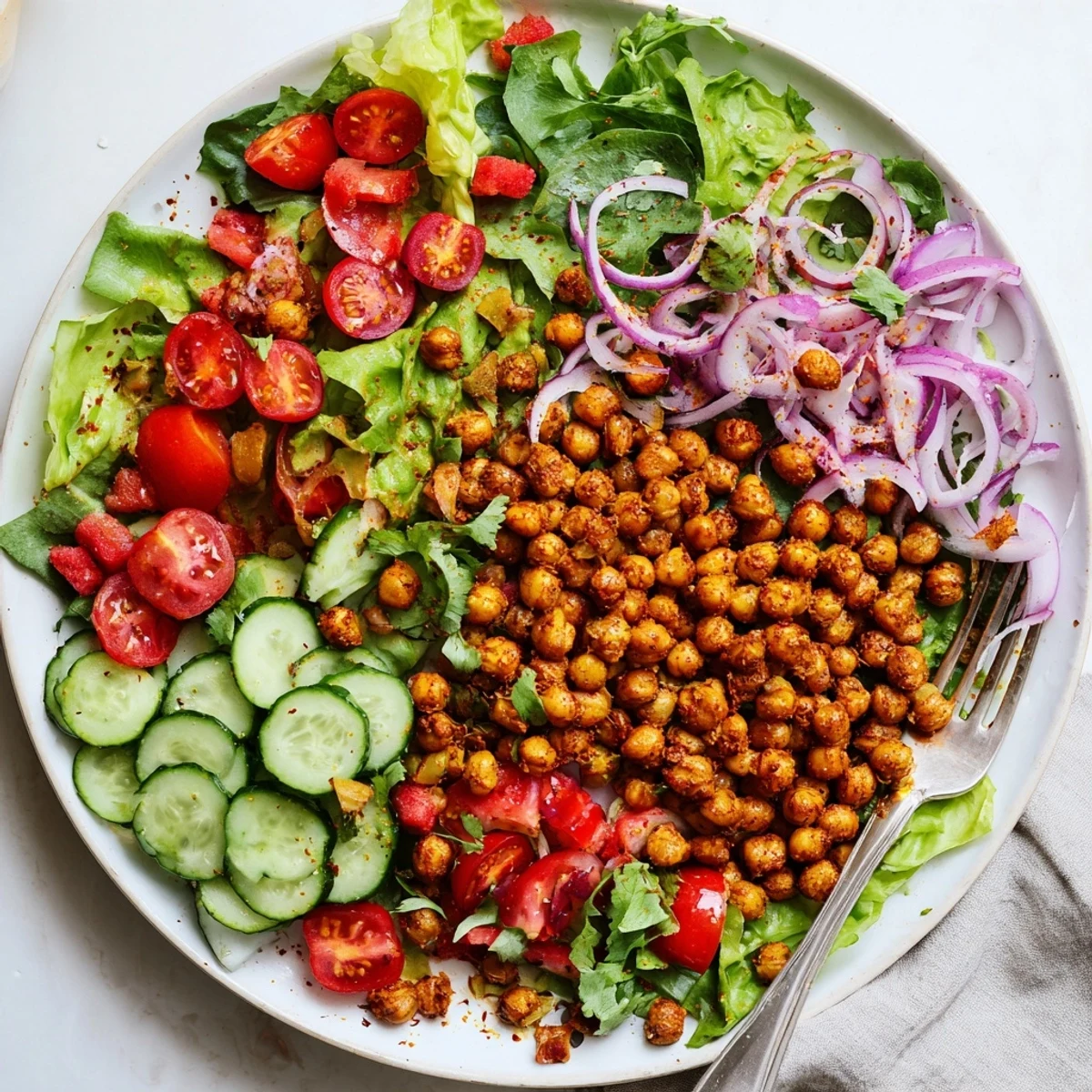 Colorful crispy chili lime chickpea salad bowl featuring roasted spiced chickpeas over fresh mixed greens with vibrant vegetables