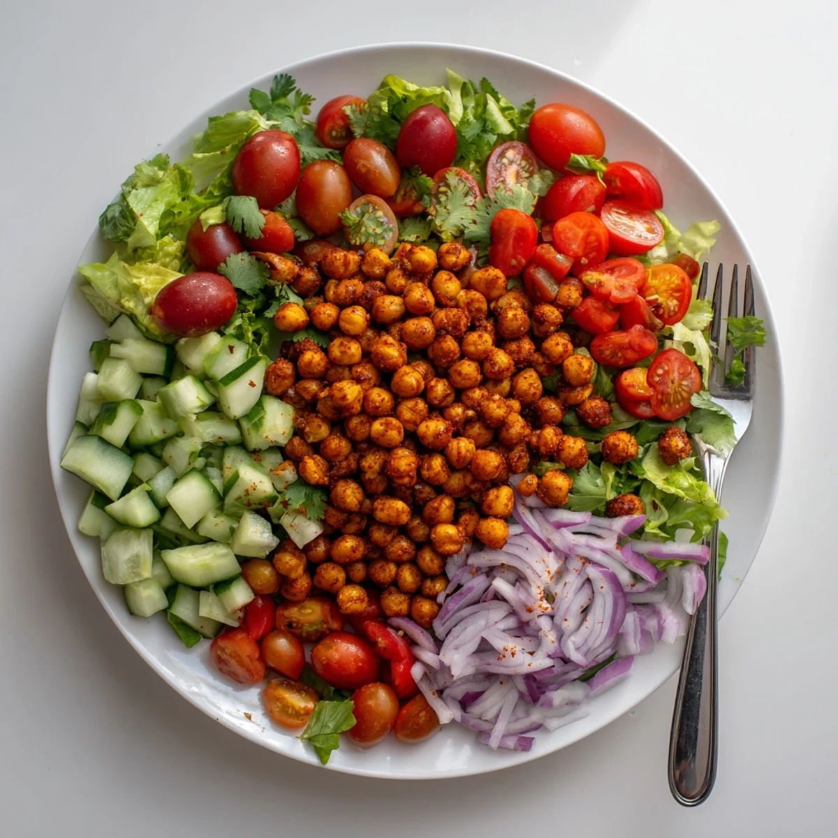 Golden crispy chili lime chickpeas topping a bed of mixed greens with colorful chopped vegetables and fresh cilantro garnish