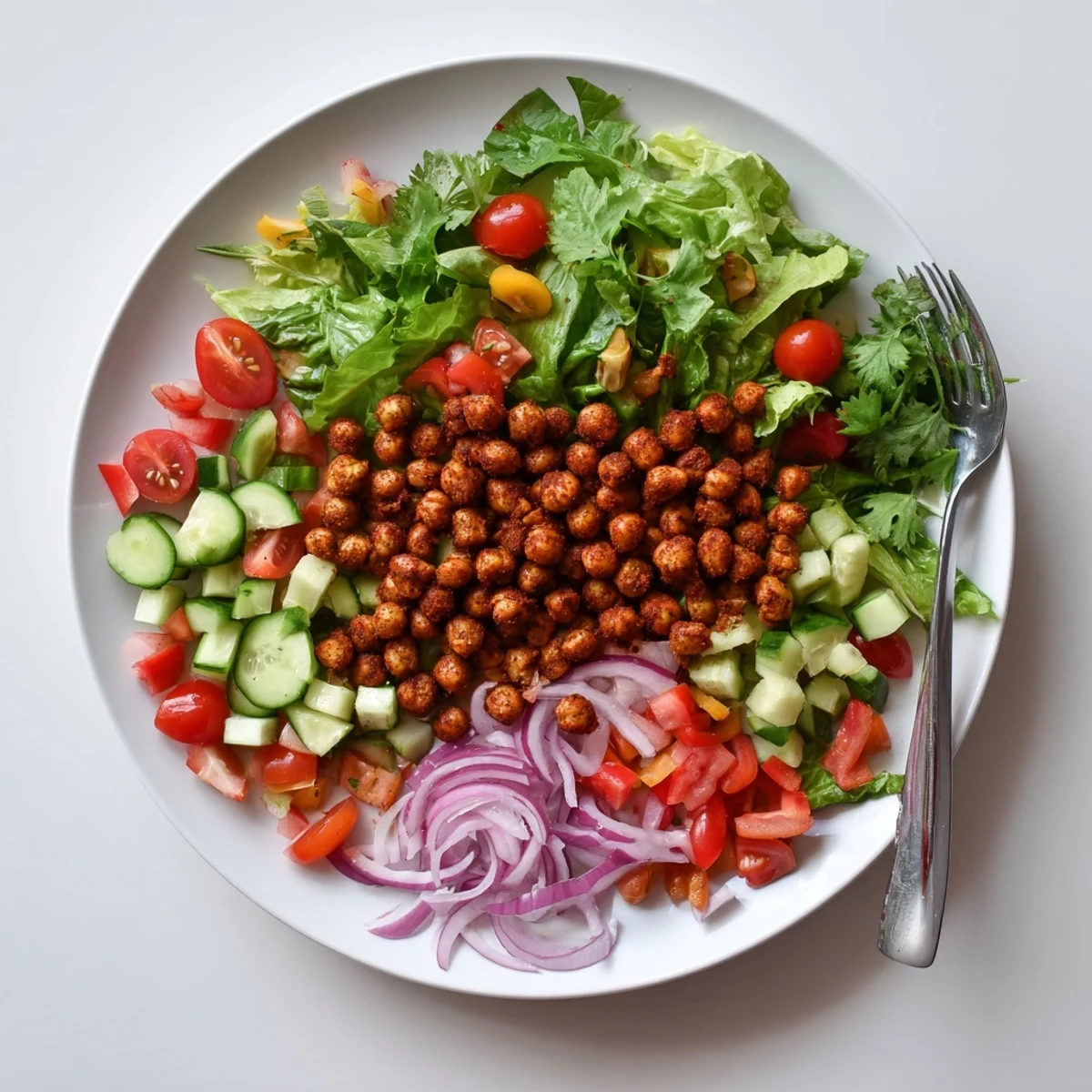 Fresh salad bowl piled high with zesty roasted chickpeas, cherry tomatoes, cucumber, and red bell pepper in tangy lime dressing
