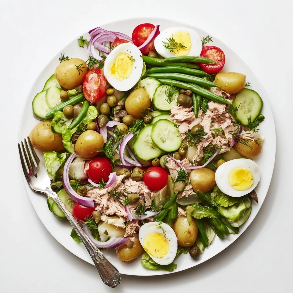 Colorful Classic Niçoise Salad arranged with tender potatoes, green beans, tuna, olives, and boiled eggs on a white serving platter