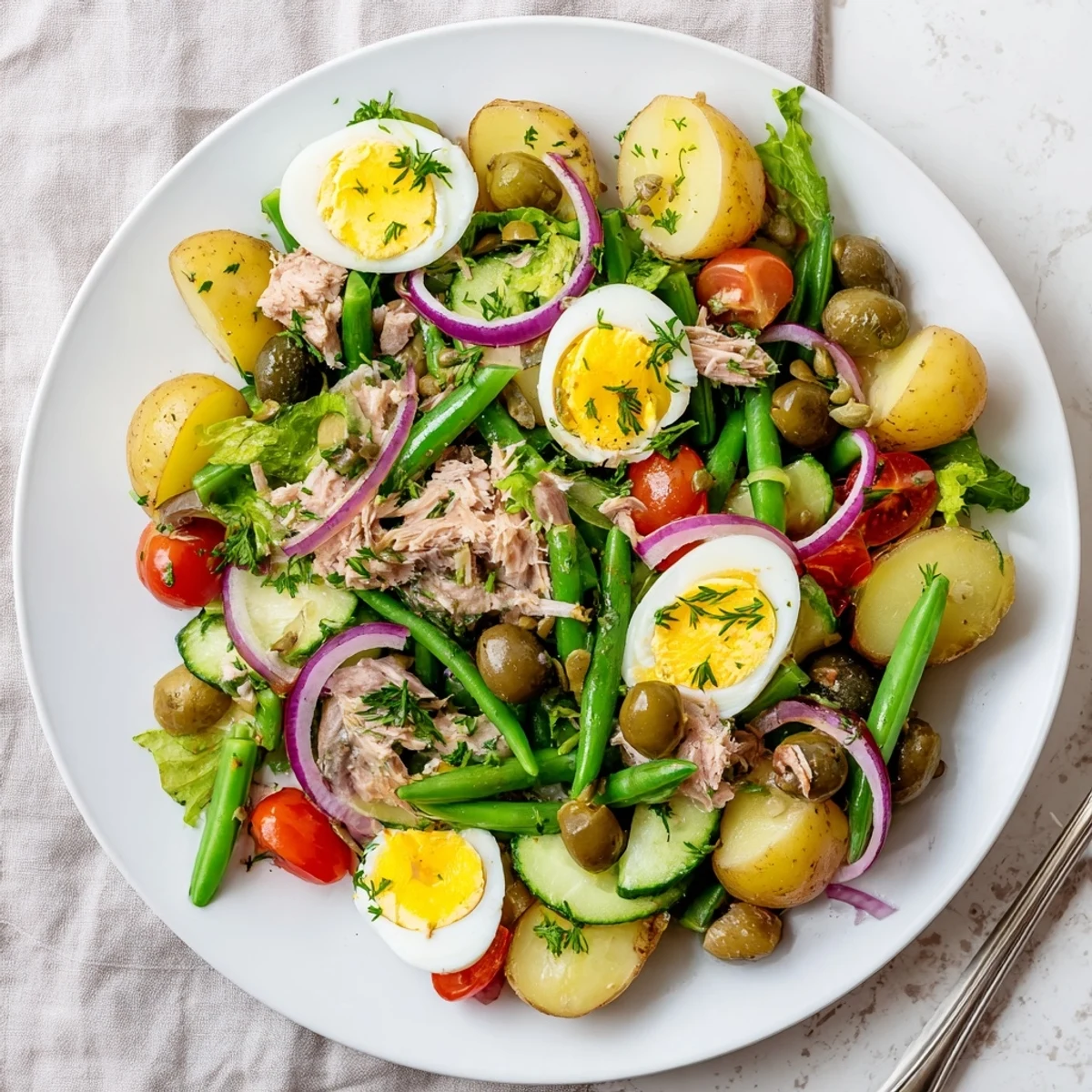 Vibrant Classic Niçoise Salad plated with baby potatoes, cherry tomatoes, green beans, tuna, and eggs garnished with fresh parsley