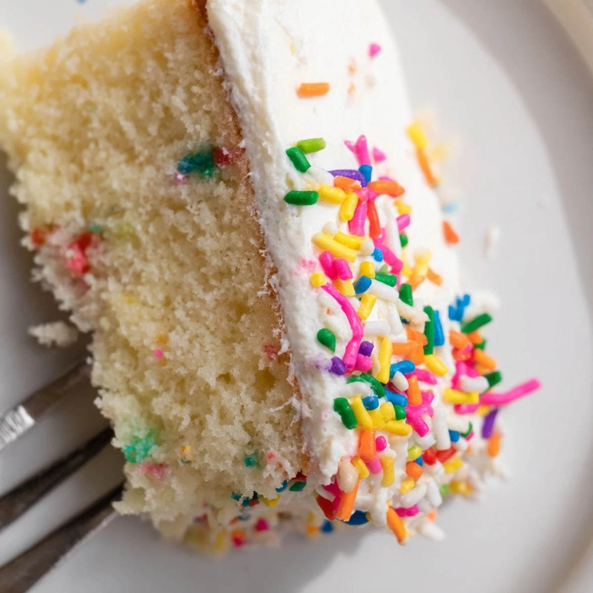 Golden slice of big batch confetti cake with buttercream frosting revealing colorful sprinkles inside the moist vanilla crumb