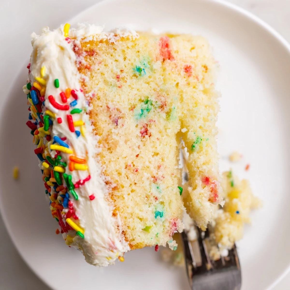 Thickly frosted big batch confetti cake with buttercream frosting topped with generous rainbow sprinkles for a festive celebration