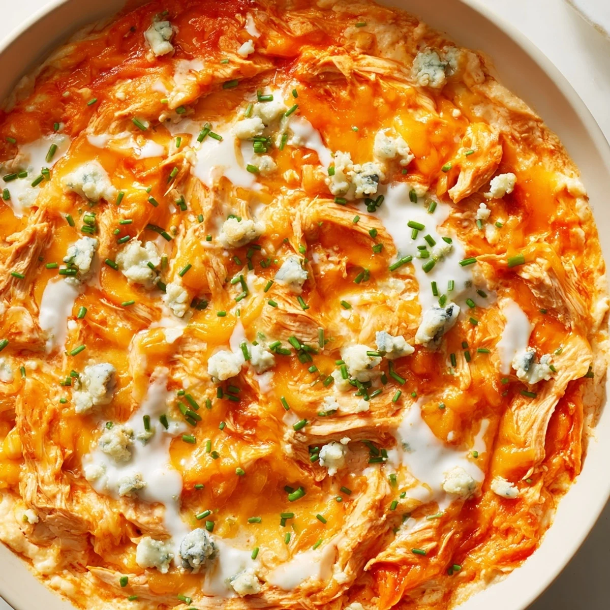 Golden Buffalo Chicken Dip served warm with crispy tortilla chips and fresh celery sticks