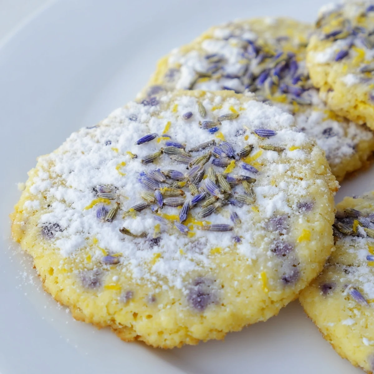 Golden lemon lavender cookies cooling on wire rack after baking, topped with powdered sugar dusting