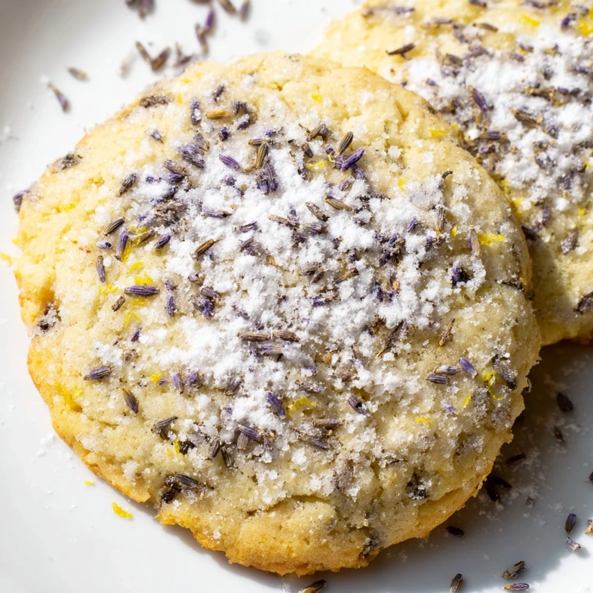 Buttery lemon lavender cookies arranged on white plate, garnished with fresh lemon zest and lavender buds