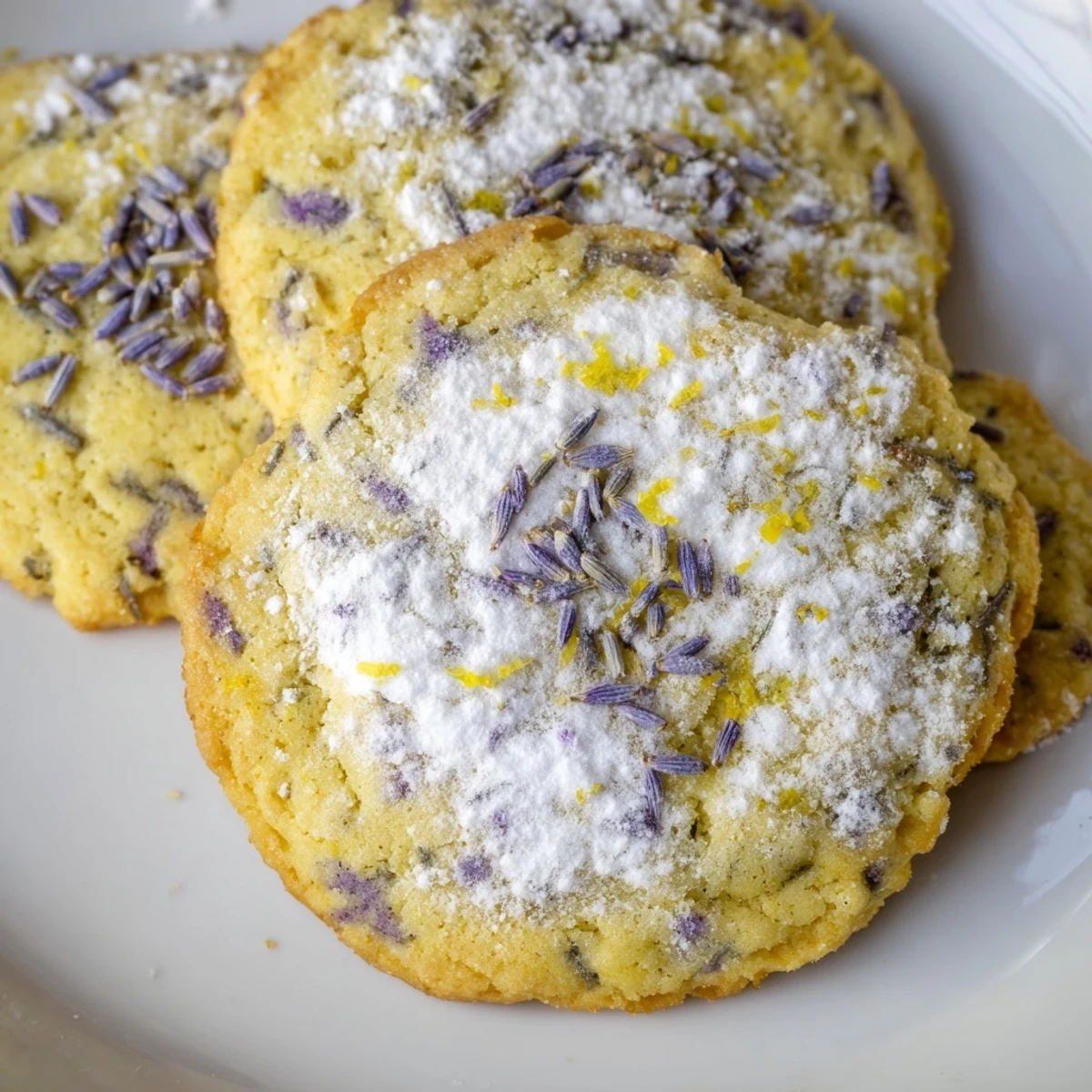 Close-up of soft lemon lavender cookies with visible flecks of bright lemon zest and purple lavender