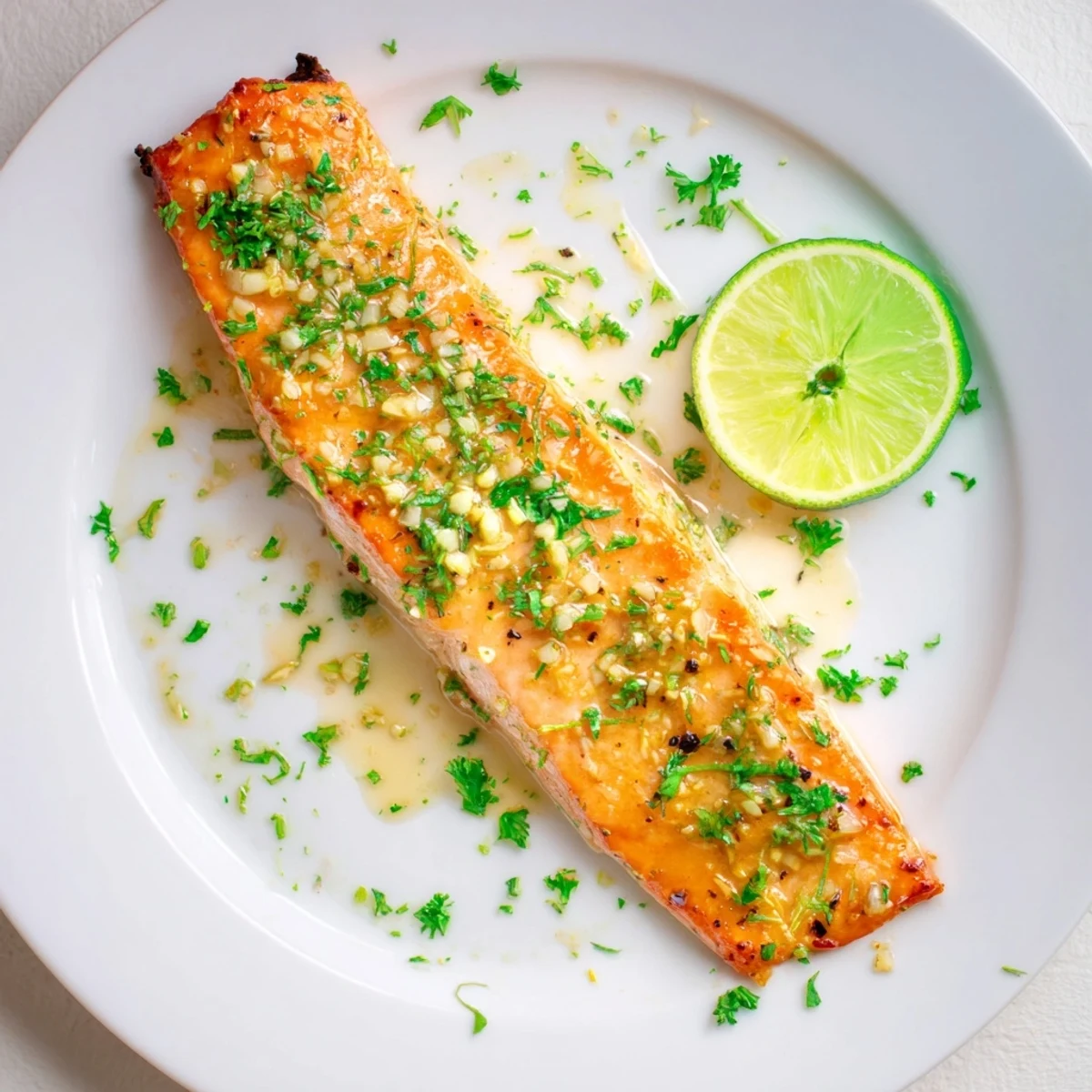 Oven-roasted salmon glazed with sweet honey lime garlic butter sauce garnished with fresh parsley