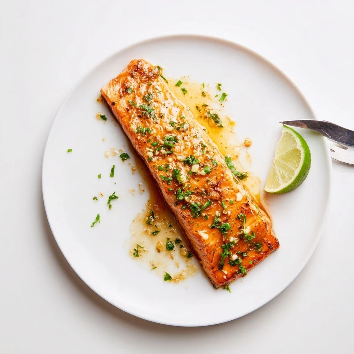 Golden honey lime garlic butter baked salmon fillet flaking on a white ceramic plate