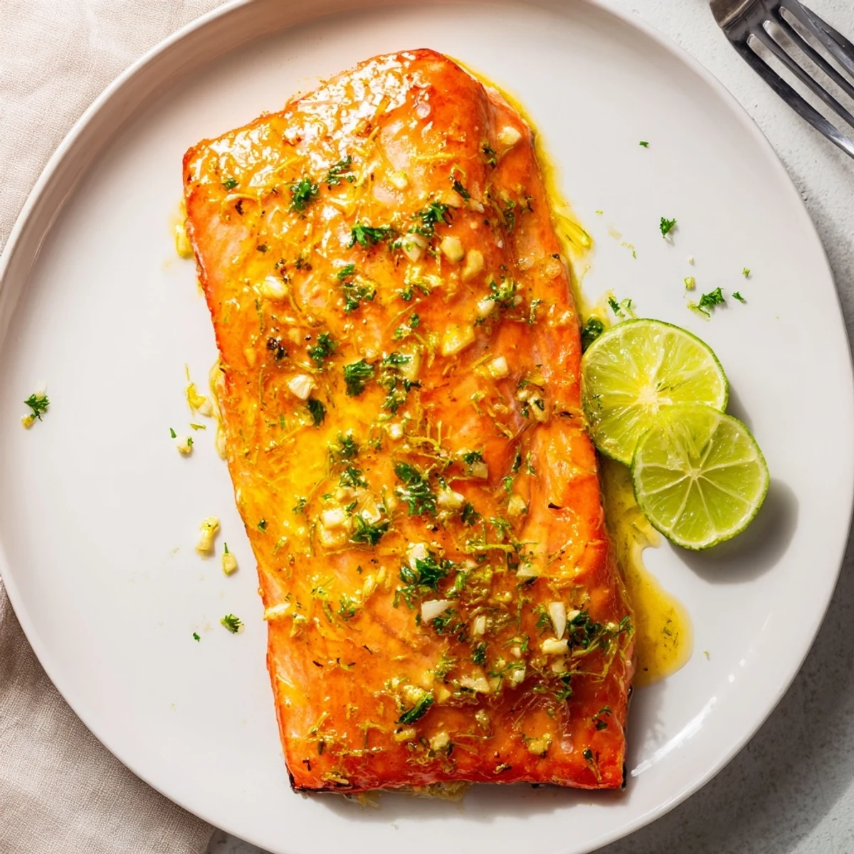 Succulent baked salmon drizzled with tangy honey lime garlic butter ready for weeknight dinner