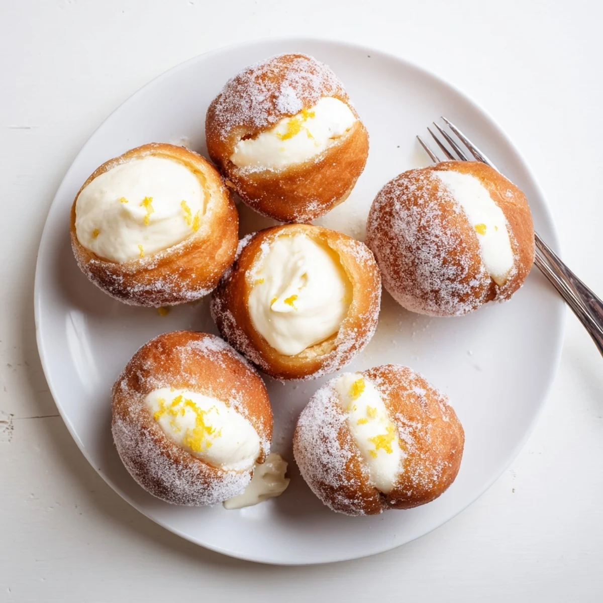 Golden fried Italian bomboloni alla crema dusted with sugar on a white plate