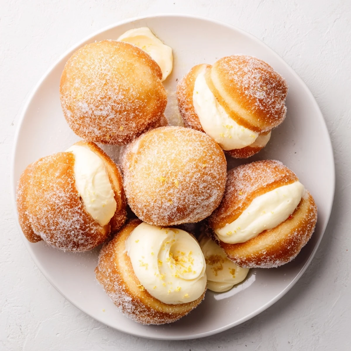 Light fluffy bomboloni alla crema filled with rich vanilla pastry cream center