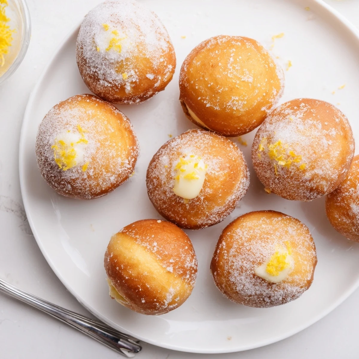 Fresh homemade bomboloni alla cream stacked on serving tray with powdered sugar