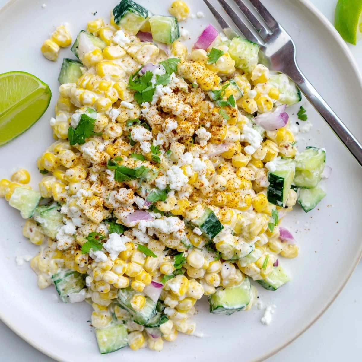 Golden corn and crisp cucumbers tossed in a zesty lime crema with crumbly cotija cheese